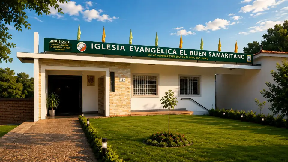 Frente de la Iglesia Evangélica El Buen Samaritano sobre Av. 5270, Montevideo: un edificio bajo de una planta, blanco, con un cartel verde a lo largo del techo y una entrada abierta a la izquierda.